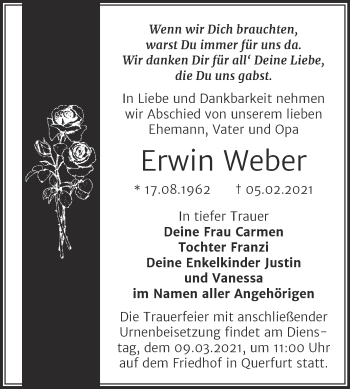 Traueranzeige von Erwin Weber von Mitteldeutsche Zeitung Merseburg/Querfurt