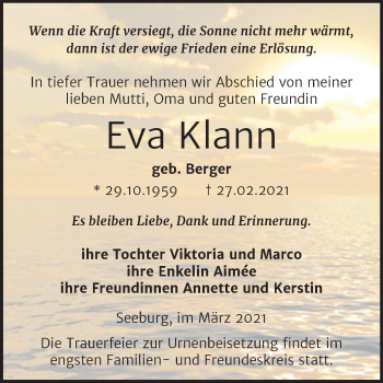 Traueranzeige von Eva Klann von Mitteldeutsche Zeitung Mansfelder Land