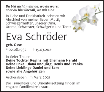 Traueranzeige von Eva Schröder von Mitteldeutsche Zeitung Aschersleben