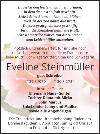 Traueranzeige von Eveline Steinmüller von Mitteldeutsche Zeitung Köthen