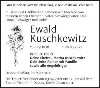Traueranzeige von Ewald Kuschkewitz von Mitteldeutsche Zeitung Dessau-Roßlau