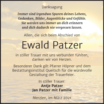 Traueranzeige von Ewald Patzer von Mitteldeutsche Zeitung Köthen