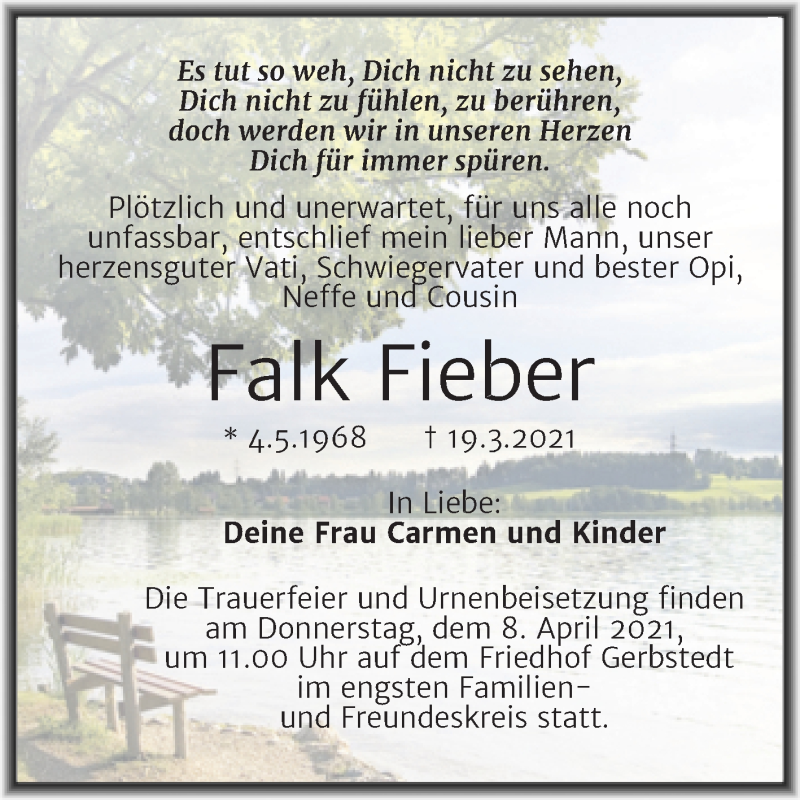  Traueranzeige für Falk Fieber vom 26.03.2021 aus Mitteldeutsche Zeitung Mansfelder Land