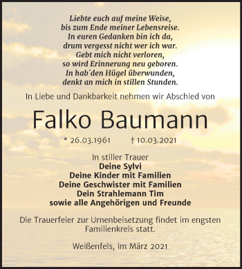 Traueranzeige von Falko Baumann von Mitteldeutsche Zeitung Weißenfels