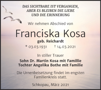 Traueranzeige von Franciska Kosa von Mitteldeutsche Zeitung Merseburg/Querfurt