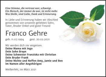 Traueranzeige von Franco Gehre von Mitteldeutsche Zeitung Weißenfels
