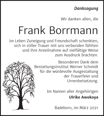 Traueranzeige von Frank Borrmann von Mitteldeutsche Zeitung Quedlinburg