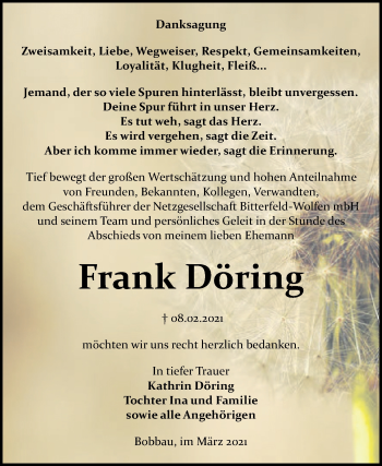 Traueranzeige von Frank Döring von Mitteldeutsche Zeitung Bitterfeld