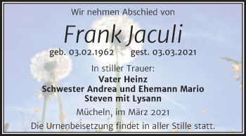 Traueranzeige von Frank Jaculi von Mitteldeutsche Zeitung Merseburg/Querfurt