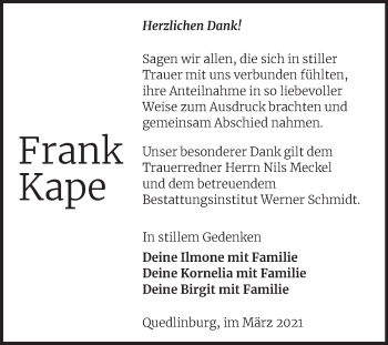 Traueranzeige von Frank Kape von Mitteldeutsche Zeitung Quedlingburg