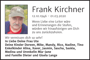 Traueranzeige von Frank Kirchner von Mitteldeutsche Zeitung Quedlinburg