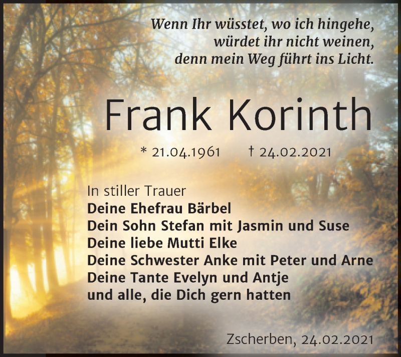  Traueranzeige für Frank Korinth vom 13.03.2021 aus Mitteldeutsche Zeitung Halle/Saalkreis