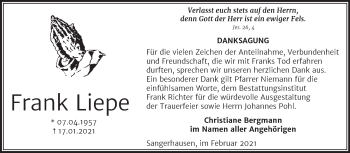 Traueranzeige von Frank Liepe von Mitteldeutsche Zeitung Sangerhausen