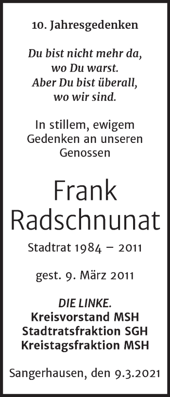 Traueranzeige von Frank Radschnunat von Mitteldeutsche Zeitung Sangerhausen