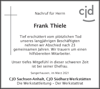 Traueranzeige von Frank Thiele von Super Sonntag Sangerhausen