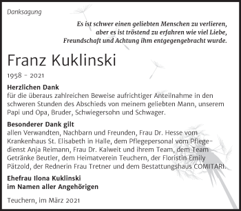 Traueranzeige von Franz Kuklinski von Mitteldeutsche Zeitung Weißenfels