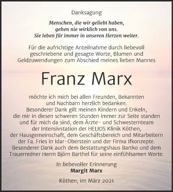 Traueranzeige von Franz Marx von Mitteldeutsche Zeitung Köthen