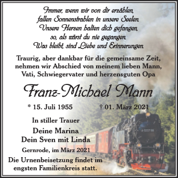 Traueranzeige von Franz-Michael Mann von Mitteldeutsche Zeitung Quedlingburg
