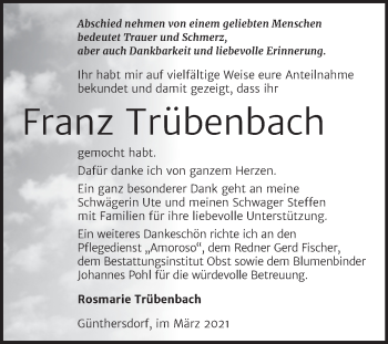 Traueranzeige von Franz Trübenbach von Mitteldeutsche Zeitung Merseburg/Querfurt