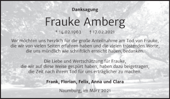 Traueranzeige von Frauke Amberg von Mitteldeutsche Zeitung Naumburg/Nebra