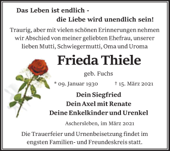 Traueranzeige von Frieda Thiele von Mitteldeutsche Zeitung Aschersleben