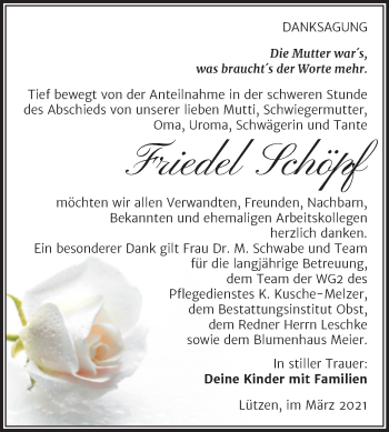 Traueranzeige von Friedel Schöpf von Mitteldeutsche Zeitung Weißenfels