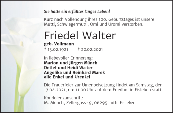 Traueranzeige von Friedel Walter von Mitteldeutsche Zeitung Mansfelder Land