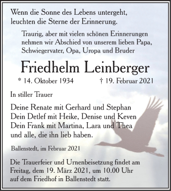 Traueranzeige von Friedhelm Leinberger von Mitteldeutsche Zeitung Quedlinburg