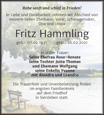 Traueranzeige von Fritz Hammling von Mitteldeutsche Zeitung Mansfelder Land