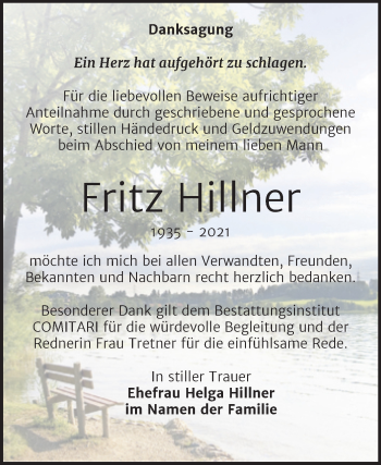 Traueranzeige von Fritz Hillner von Mitteldeutsche Zeitung Zeitz