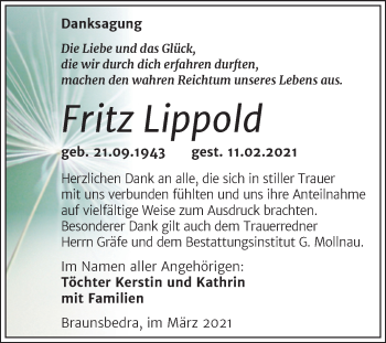 Traueranzeige von Fritz Lippold von Mitteldeutsche Zeitung Merseburg/Querfurt