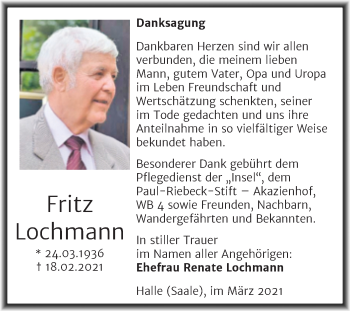 Traueranzeige von Fritz Lochmann von Mitteldeutsche Zeitung Halle/Saalkreis