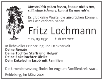 Traueranzeige von Fritz Lochmann von Mitteldeutsche Zeitung Halle/Saalkreis