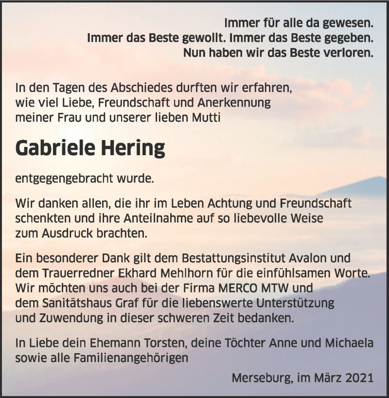  Traueranzeige für Gabriele Hering vom 26.03.2021 aus Mitteldeutsche Zeitung Merseburg/Querfurt