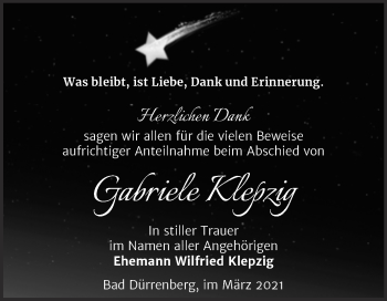 Traueranzeige von Gabriele Klepzig von Mitteldeutsche Zeitung Merseburg/Querfurt