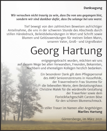 Traueranzeige von Georg Hartung von Mitteldeutsche Zeitung Quedlingburg