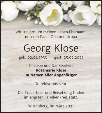 Traueranzeige von Georg Klose von Mitteldeutsche Zeitung Wittenberg
