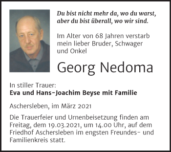 Traueranzeige von Georg Nedoma von Super Sonntag Aschersleben