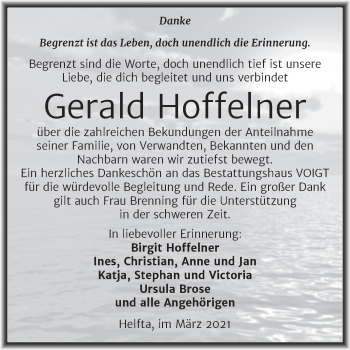 Traueranzeige von Gerald Hoffelner von Mitteldeutsche Zeitung Mansfelder Land