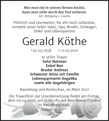 Traueranzeige von Gerald Köthe von Super Sonntag Naumburg/Nebra