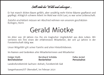Traueranzeige von Gerald Miotke von Super Sonntag Sangerhausen