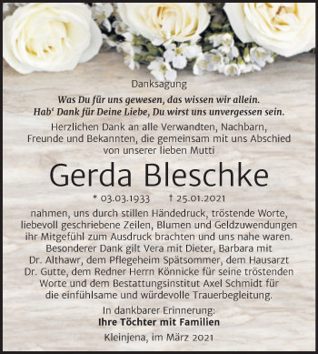 Traueranzeige von Gerda Bleschke von Mitteldeutsche Zeitung Naumburg/Nebra