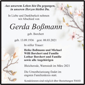 Traueranzeige von Gerda Boßmann von Mitteldeutsche Zeitung Quedlingburg