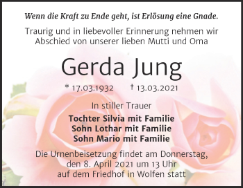 Traueranzeige von Gerda Jung von Mitteldeutsche Zeitung Bitterfeld