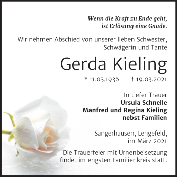Traueranzeige von Gerda Kieling von Mitteldeutsche Zeitung Sangerhausen