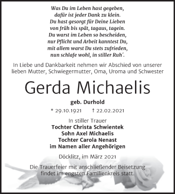 Traueranzeige von Gerda Michaelis von Mitteldeutsche Zeitung Merseburg/Querfurt