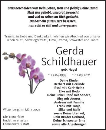 Traueranzeige von Gerda Schildhauer von Mitteldeutsche Zeitung Wittenberg