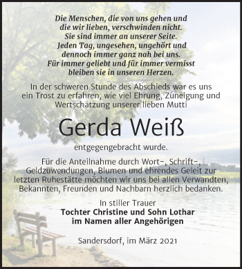 Traueranzeige von Gerda Weiß von Mitteldeutsche Zeitung Bitterfeld