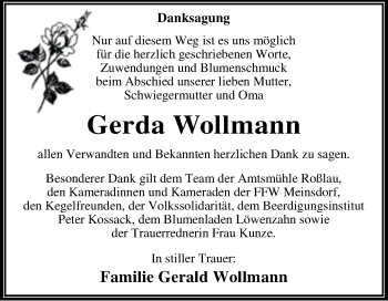 Traueranzeige von Gerda Wollmann von Mitteldeutsche Zeitung Dessau-Roßlau