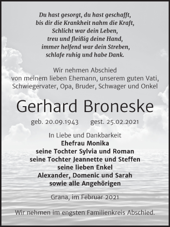Traueranzeige von Gerhard Broneske von Mitteldeutsche Zeitung Zeitz